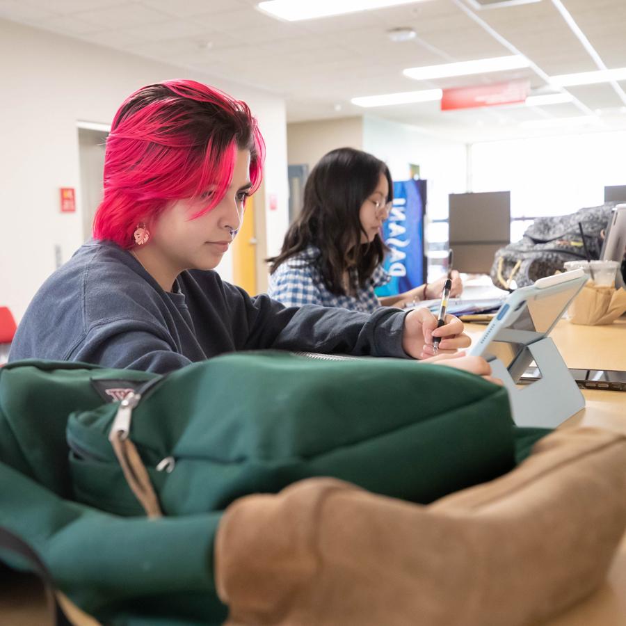 Student taking notes while looking at their laptop